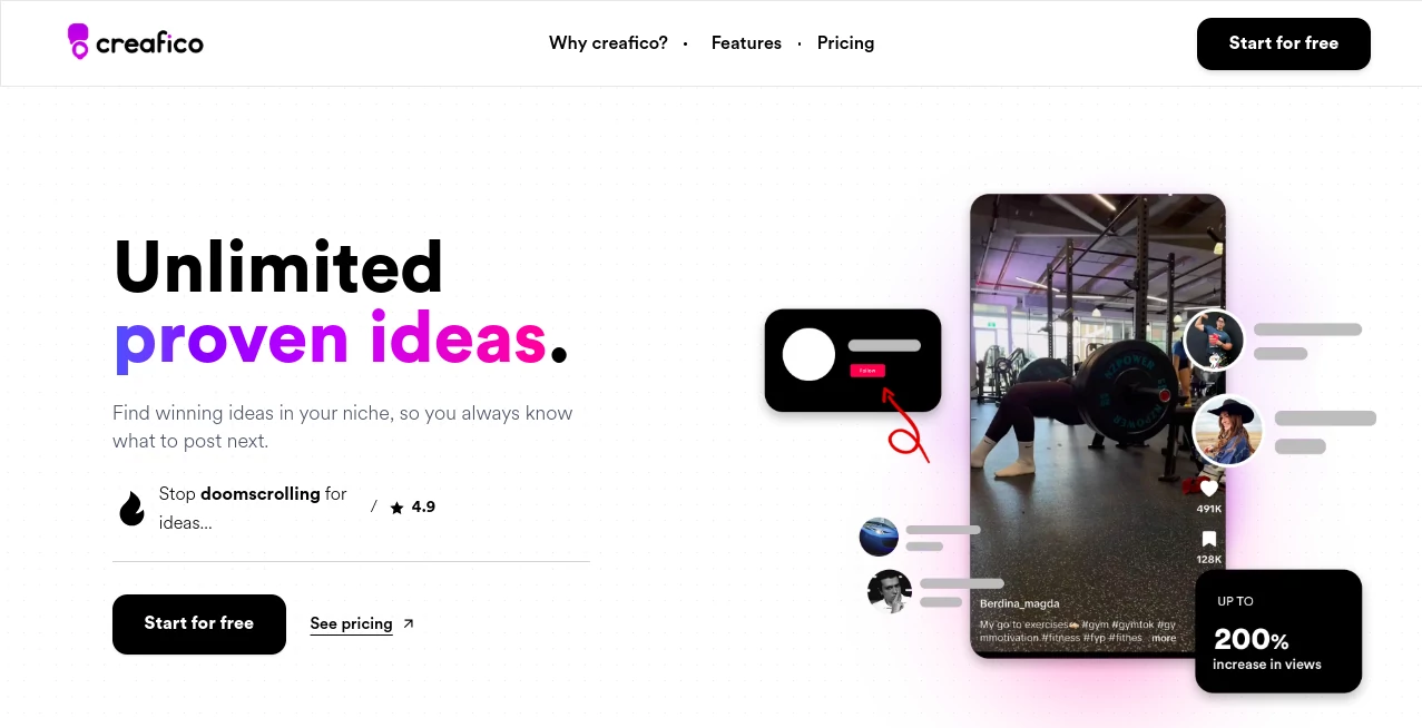 Screenshot of Creafico – An AI tool in the ,AI Content Generator ,AI Research Tool ,AI Instagram Assistant ,AI Tiktok Assistant  category, showcasing its interface and key features.