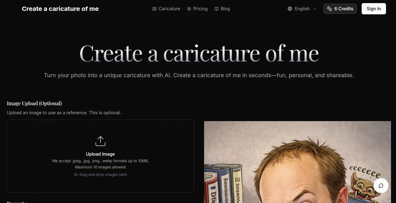 Screenshot of Create a Caricature of Me – An AI tool in the ,AI Photo & Image Generator ,AI Fun Tools ,AI Design Generator  category, showcasing its interface and key features.