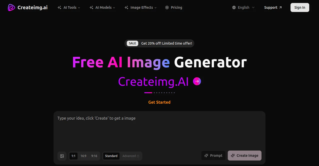 Screenshot of AI Image Generator - Createimg.ai – An AI tool in the ,AI Photo & Image Generator ,AI Art Generator ,AI Image to Image ,AI Text to Image  category, showcasing its interface and key features.
