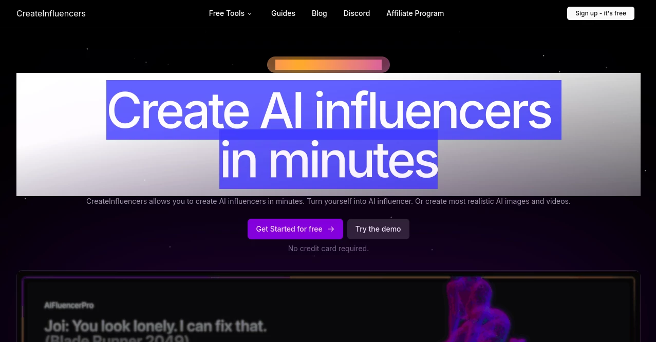 Screenshot of CreateInfluencers – An AI tool in the ,AI Content Generator ,AI Photo & Image Generator ,AI Avatar Generator ,AI Video Generator  category, showcasing its interface and key features.