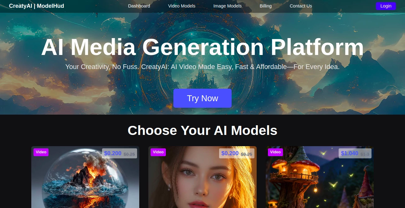 Screenshot of CreatyAI – An AI tool in the ,AI Content Generator ,AI Photo & Image Generator ,AI Video Generator ,AI Design Generator  category, showcasing its interface and key features.