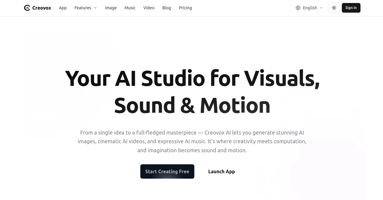 Screenshot of Creovox – An AI tool in the ,AI Photo & Image Generator ,AI Text to Video ,AI Video Generator ,AI Music Generator  category, showcasing its interface and key features.