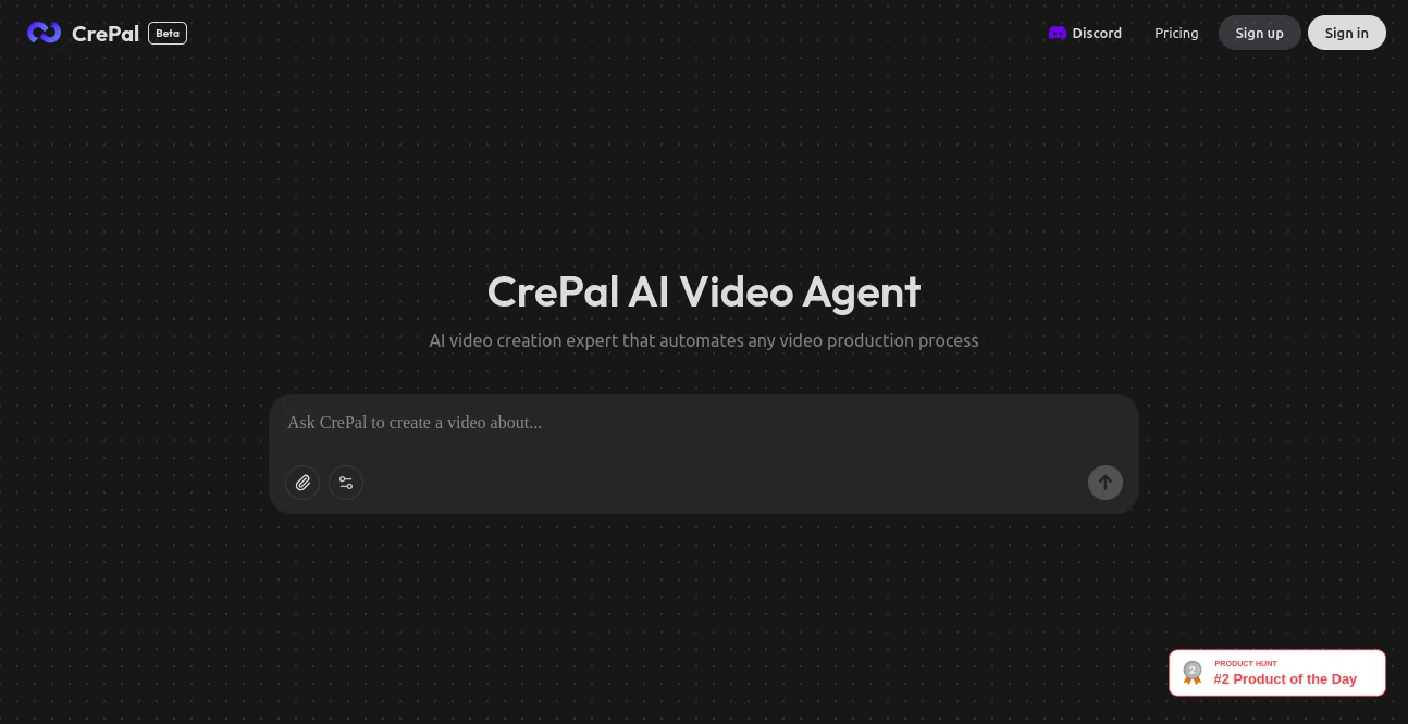 Screenshot of CrePal AI – An AI tool in the ,AI Script Writing ,AI Animated Video ,AI Video Generator ,AI Voice & Audio Editing  category, showcasing its interface and key features.