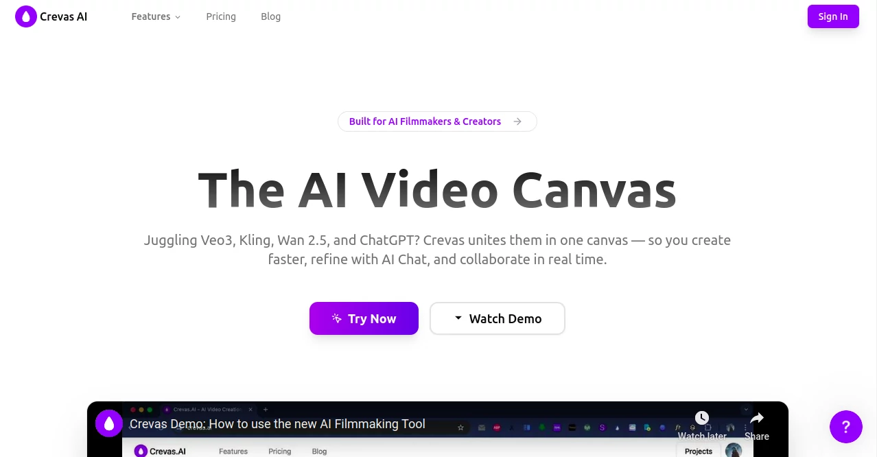 Screenshot of Crevas AI – An AI tool in the ,AI Script Writing ,AI Video Editor ,AI Video Generator ,AI Team Collaboration  category, showcasing its interface and key features.