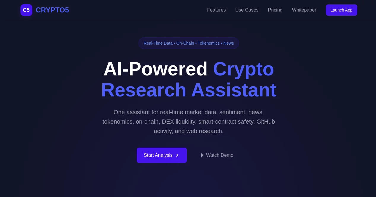 Screenshot of CRYPTO5 – An AI tool in the ,AI Research Tool ,AI Trading Bot Assistant ,AI Investing Assistant ,AI Analytics Assistant  category, showcasing its interface and key features.