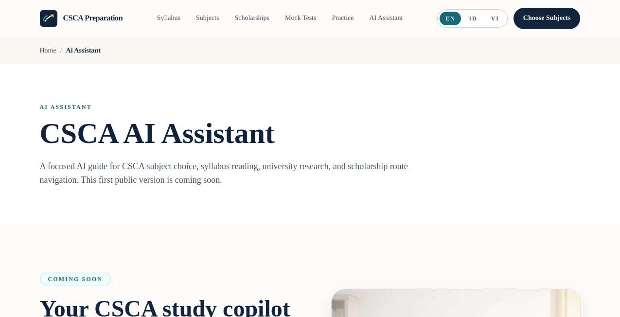 Screenshot of CSCA Prepare AI Assistant – An AI tool in the ,AI Education Assistant ,AI Coaching  category, showcasing its interface and key features.