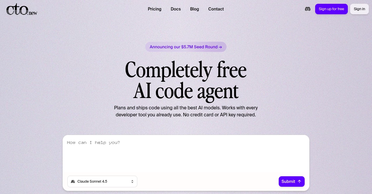 Screenshot of Cto.New – An AI tool in the ,AI Code Assistant ,AI Code Explanation ,AI Code Generator ,AI Developer Tools  category, showcasing its interface and key features.
