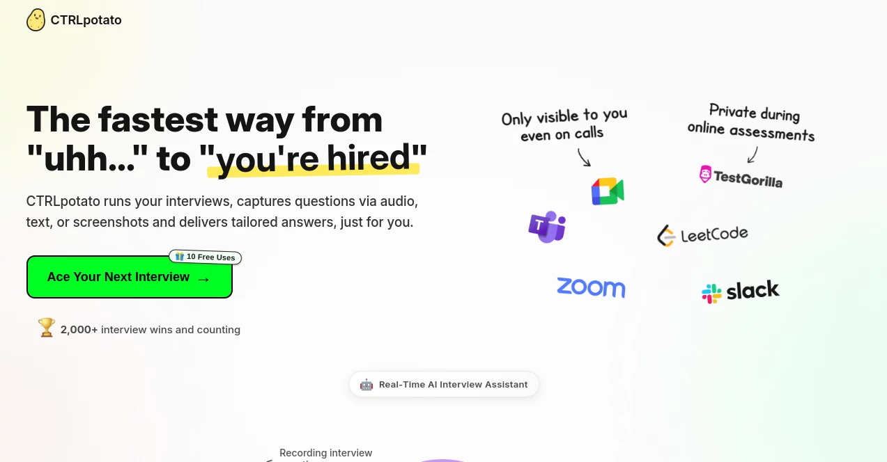 Screenshot of CTRLpotato – An AI tool in the ,AI Response Generator ,AI Interview Assistant ,AI Coaching ,AI Productivity Tools  category, showcasing its interface and key features.