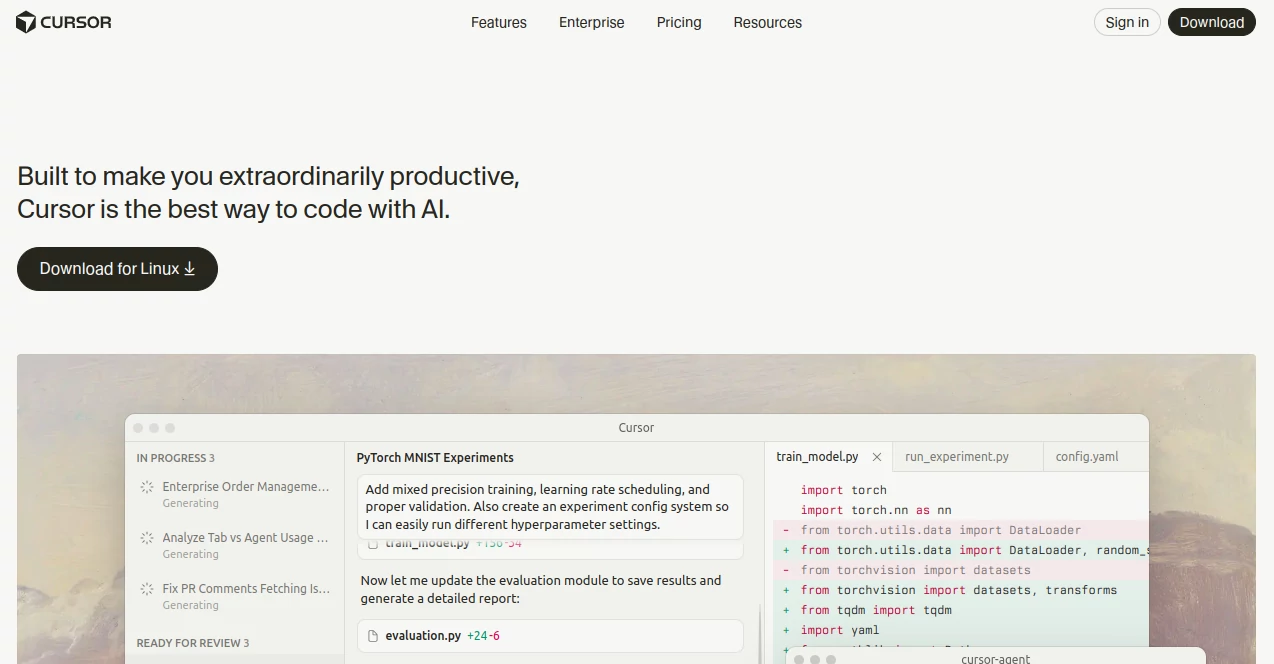 Screenshot of Cursor – An AI tool in the ,AI Code Assistant ,AI Code Generator ,AI Code Refactoring ,AI Developer Tools  category, showcasing its interface and key features.