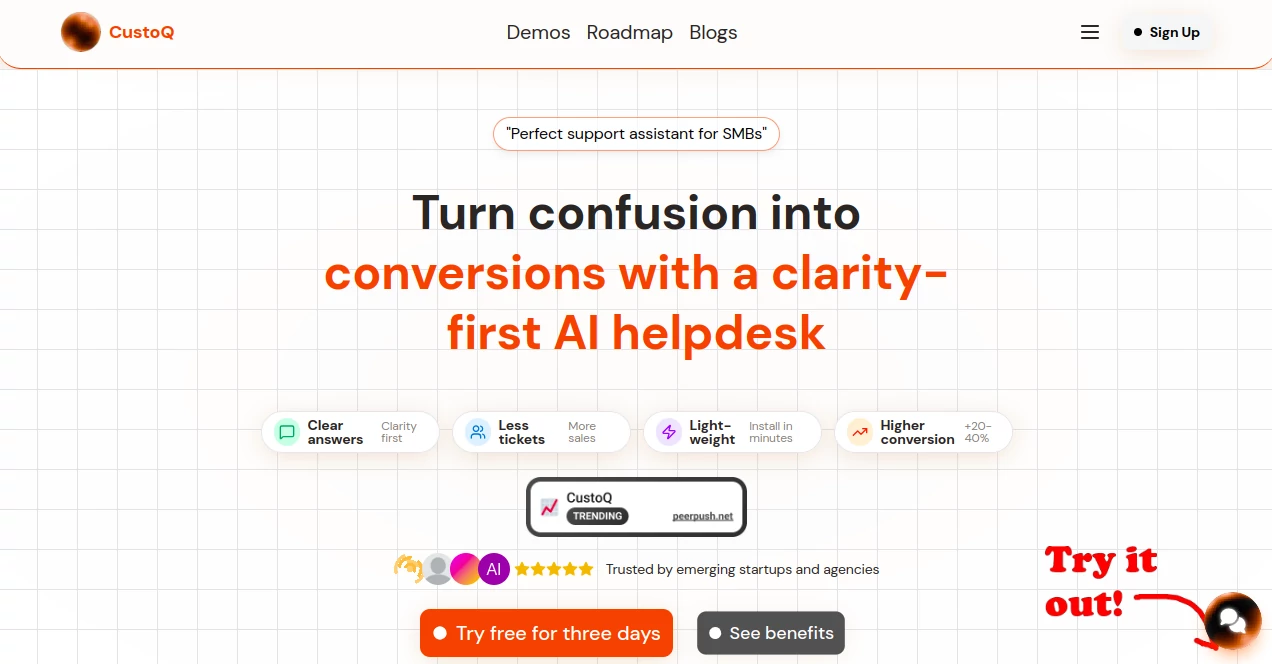 Screenshot of CustoQ – An AI tool in the ,AI Customer Service Assistant ,AI Chatbot ,AI Knowledge Base  category, showcasing its interface and key features.