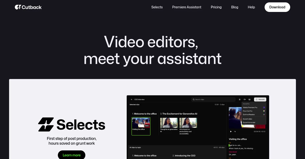 Screenshot of Cutback Video – An AI tool in the ,AI Video Editor ,AI Video Generator ,AI Short Clips Generator ,AI Repurpose Assistant  category, showcasing its interface and key features.