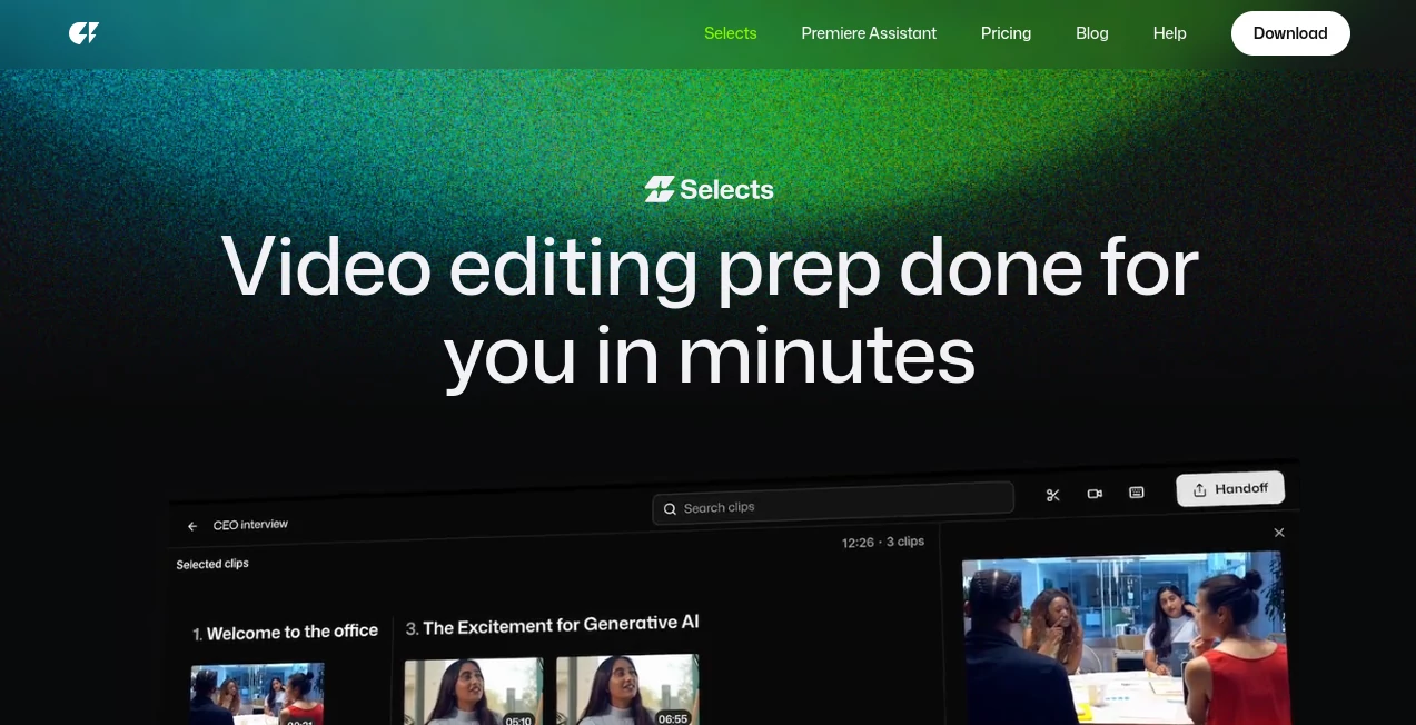 Screenshot of Selects – An AI tool in the ,AI Video Editor ,AI Video Enhancer ,AI Video Generator ,AI Short Clips Generator  category, showcasing its interface and key features.