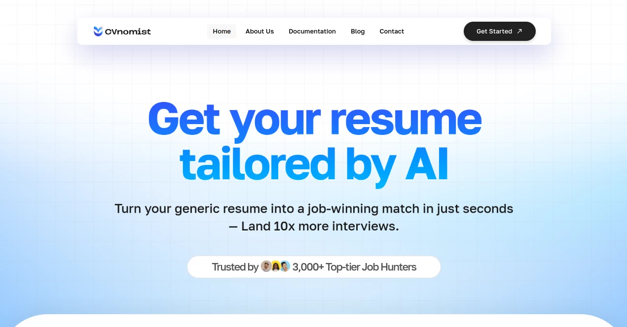 Screenshot of CVnomist – An AI tool in the ,AI Interview Assistant ,AI Recruiting ,AI Resume Builder ,AI Cover Letter Generator  category, showcasing its interface and key features.