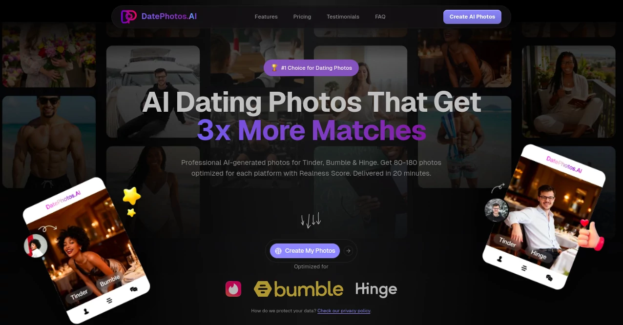 Screenshot of DatePhotos.AI – An AI tool in the ,AI Photo & Image Generator ,AI Photo Enhancer ,AI Profile Picture Generator ,AI Selfie & Portrait  category, showcasing its interface and key features.