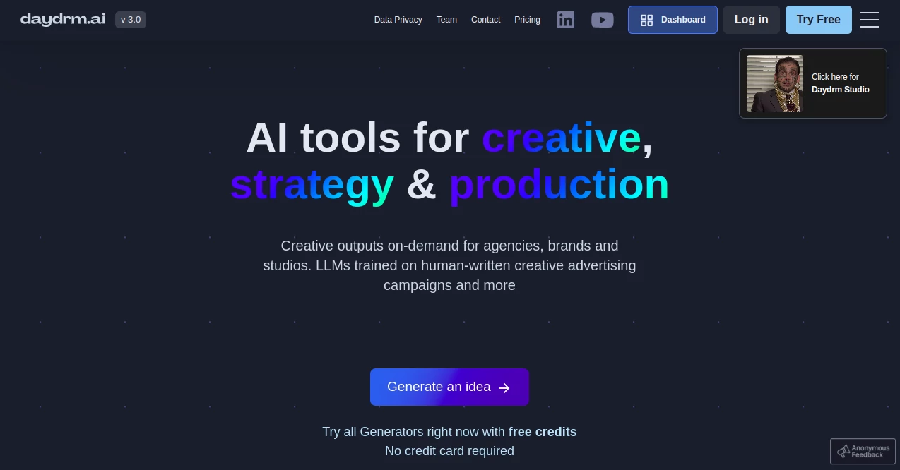 Screenshot of Daydrm AI – An AI tool in the ,AI Creative Writing ,AI Content Generator ,AI Ad Generator ,AI Marketing Plan Generator  category, showcasing its interface and key features.