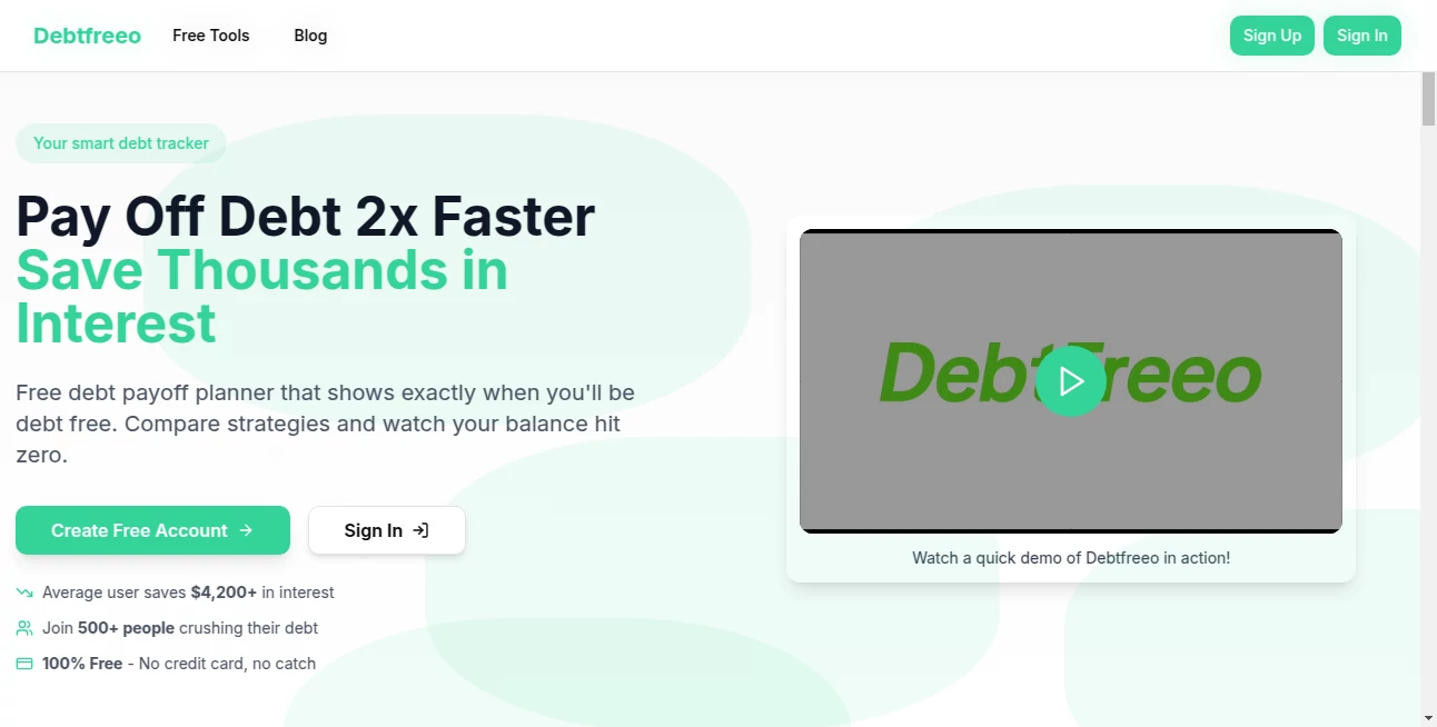 Screenshot of Debtfreeo – An AI tool in the ,AI Research Tool ,AI Life Assistant  category, showcasing its interface and key features.