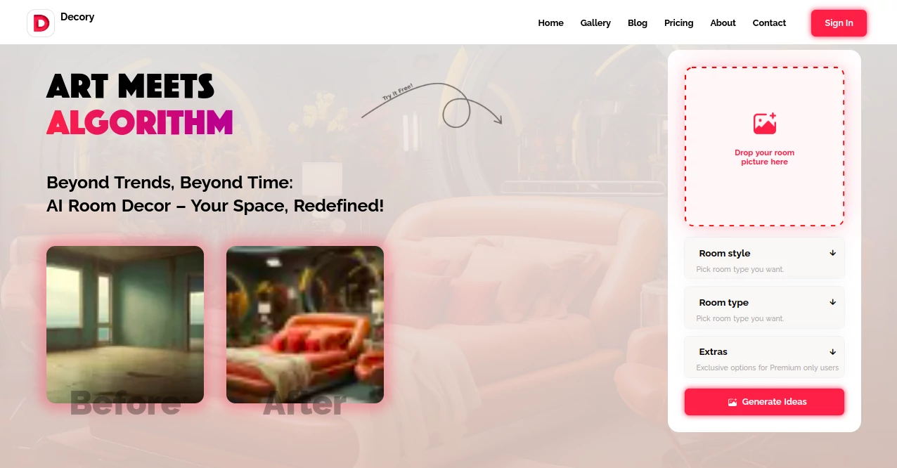 Screenshot of Decory AI – An AI tool in the ,AI Interior & Room Design  category, showcasing its interface and key features.