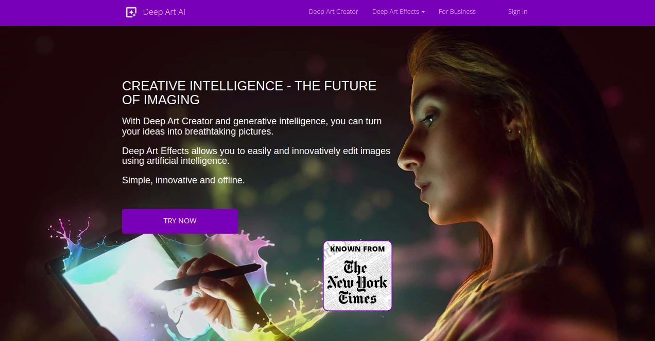 Screenshot of Deep Art AI – An AI tool in the ,AI Illustration Generator ,Photo & Image Editor ,AI Photo Enhancer ,AI Art Generator  category, showcasing its interface and key features.