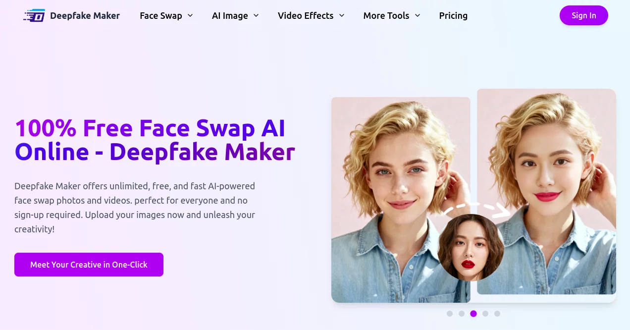 Screenshot of Deepfake Maker – An AI tool in the ,Photo & Image Editor ,AI Face Swap Generator ,AI Image to Video ,AI Video Generator  category, showcasing its interface and key features.