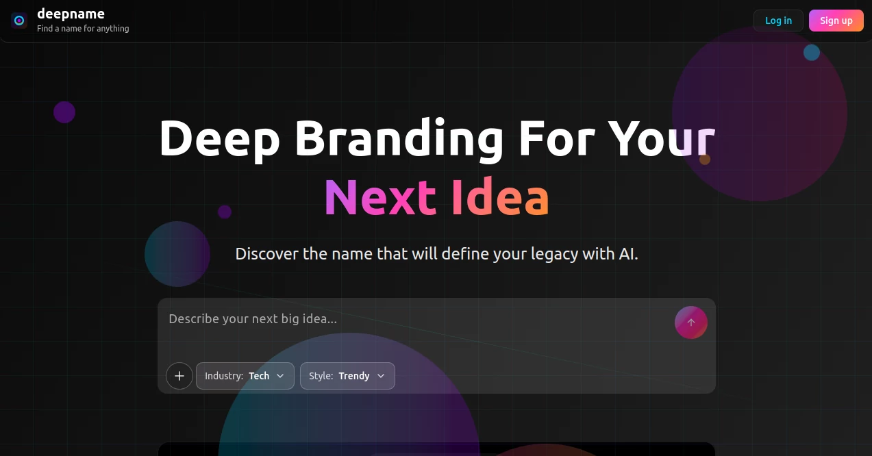 Screenshot of deepname – An AI tool in the ,AI Business Ideas Generator ,AI Domain Name Generator ,Other  category, showcasing its interface and key features.