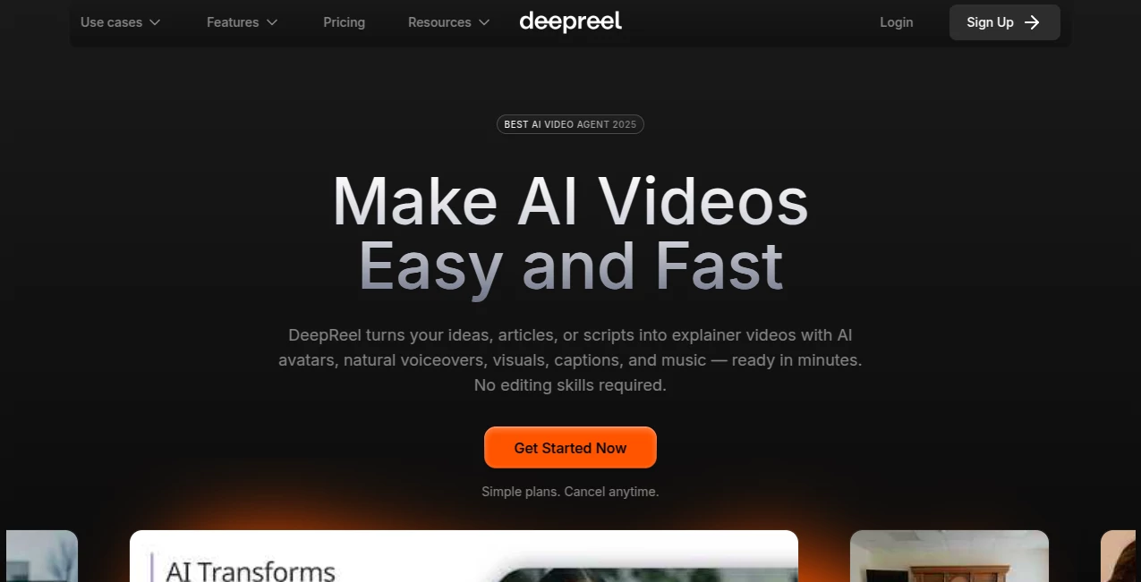 Screenshot of DeepReel – An AI tool in the ,AI Content Generator ,AI Video Generator ,AI Social Media Assistant ,AI Presentation Generator  category, showcasing its interface and key features.