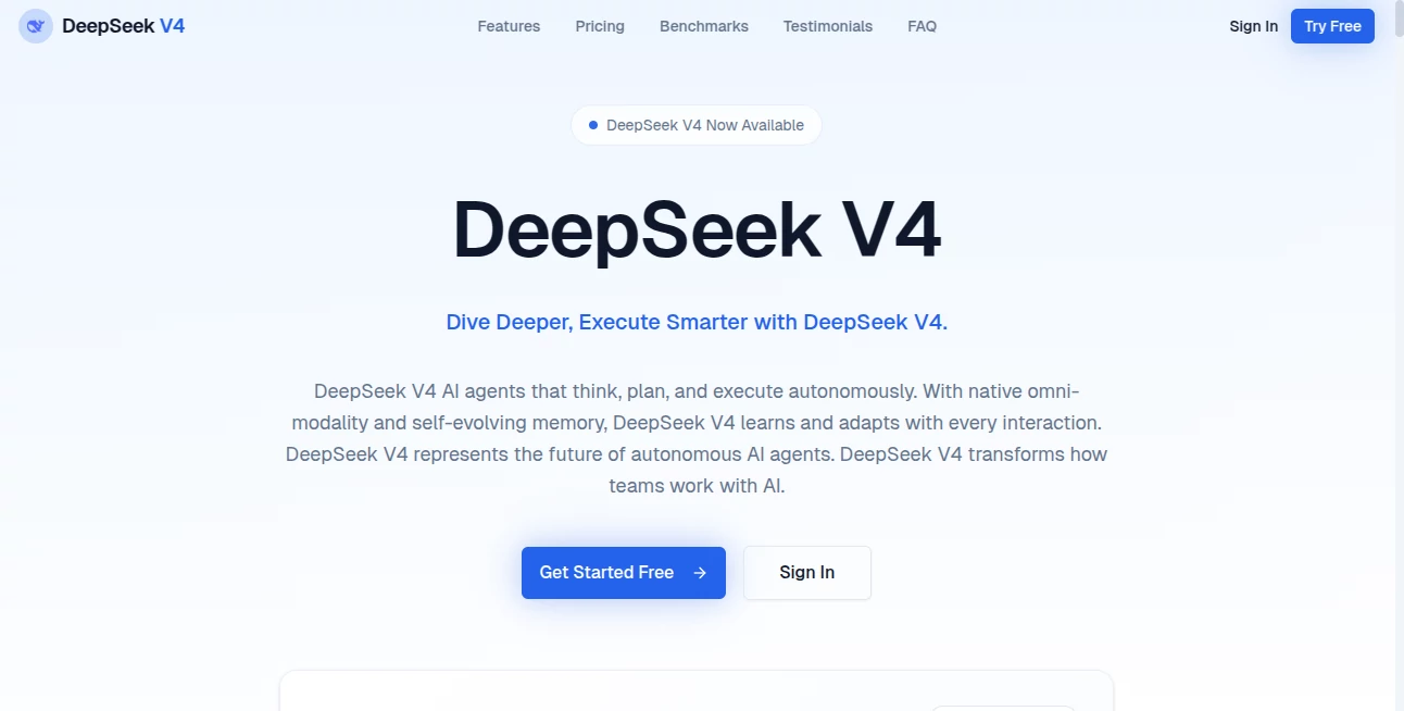 Screenshot of DeepSeek V4 – An AI tool in the ,AI Chatbot ,AI Code Assistant ,Large Language Models (LLMs) ,AI Developer Tools  category, showcasing its interface and key features.