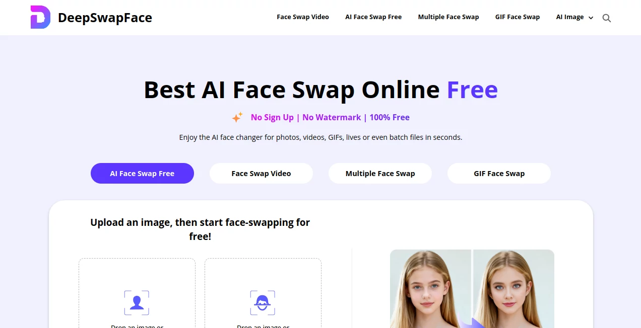 Screenshot of DeepSwapFace – An AI tool in the ,Photo & Image Editor ,AI Image to Image ,AI Face Swap Generator ,AI Fun Tools  category, showcasing its interface and key features.