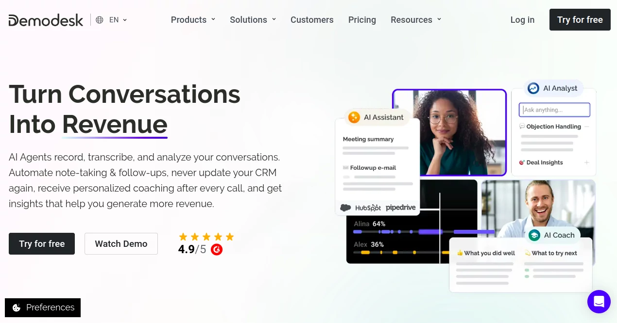 Screenshot of Demodesk – An AI tool in the ,AI Sales Assistant ,AI Analytics Assistant ,AI CRM Assistant ,AI Coaching  category, showcasing its interface and key features.