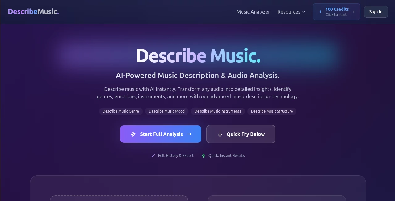 Screenshot of AI Describe Music – An AI tool in the ,AI Data Mining ,AI Audio Enhancer ,AI Music Generator ,AI Voice & Audio Editing  category, showcasing its interface and key features.