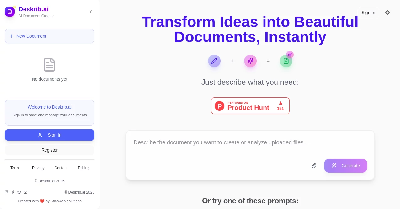 Screenshot of Deskrib AI – An AI tool in the ,AI Productivity Tools ,AI Team Collaboration ,AI Workflow Management ,AI Mind Mapping ,AI Diagram Generator  category, showcasing its interface and key features.