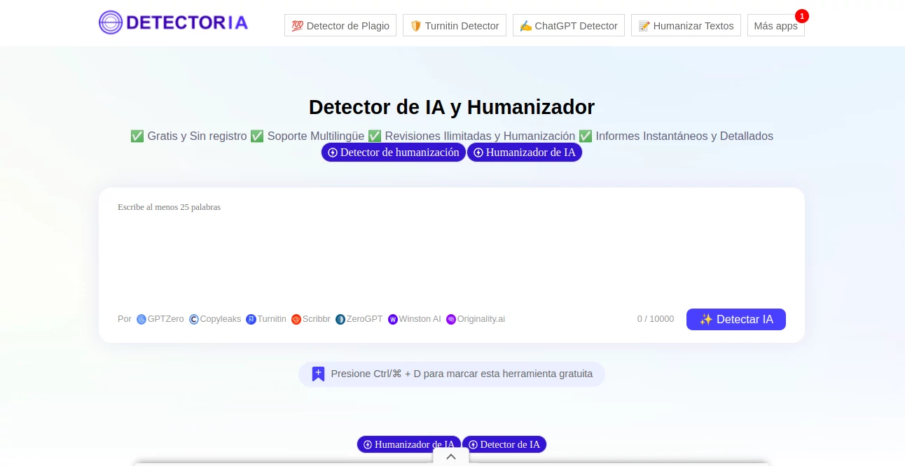 Screenshot of Detector de IA – An AI tool in the ,AI Detector ,AI Content Detector ,AI Knowledge Management ,AI Education Assistant  category, showcasing its interface and key features.