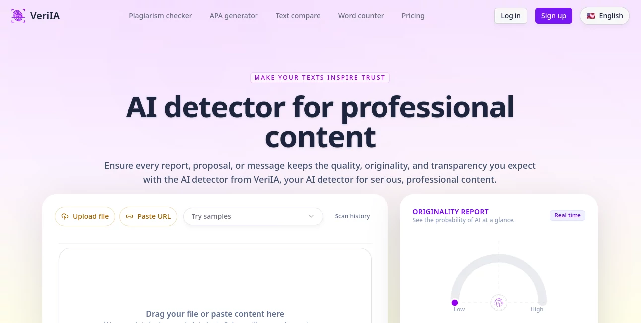 Screenshot of VeriIA – An AI tool in the ,AI Checker Essay ,AI Plagiarism Checker ,AI Grammar Checker ,AI Content Detector  category, showcasing its interface and key features.