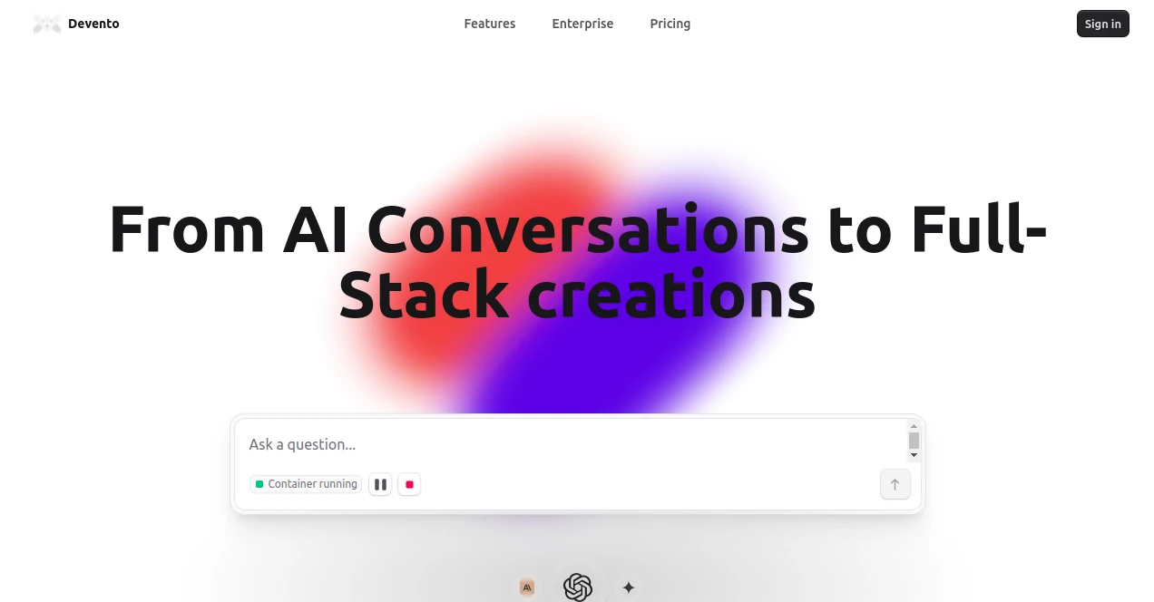 Screenshot of Devento AI – An AI tool in the ,AI No-Code & Low-Code ,AI Code Generator ,AI Developer Tools ,AI App Builder  category, showcasing its interface and key features.