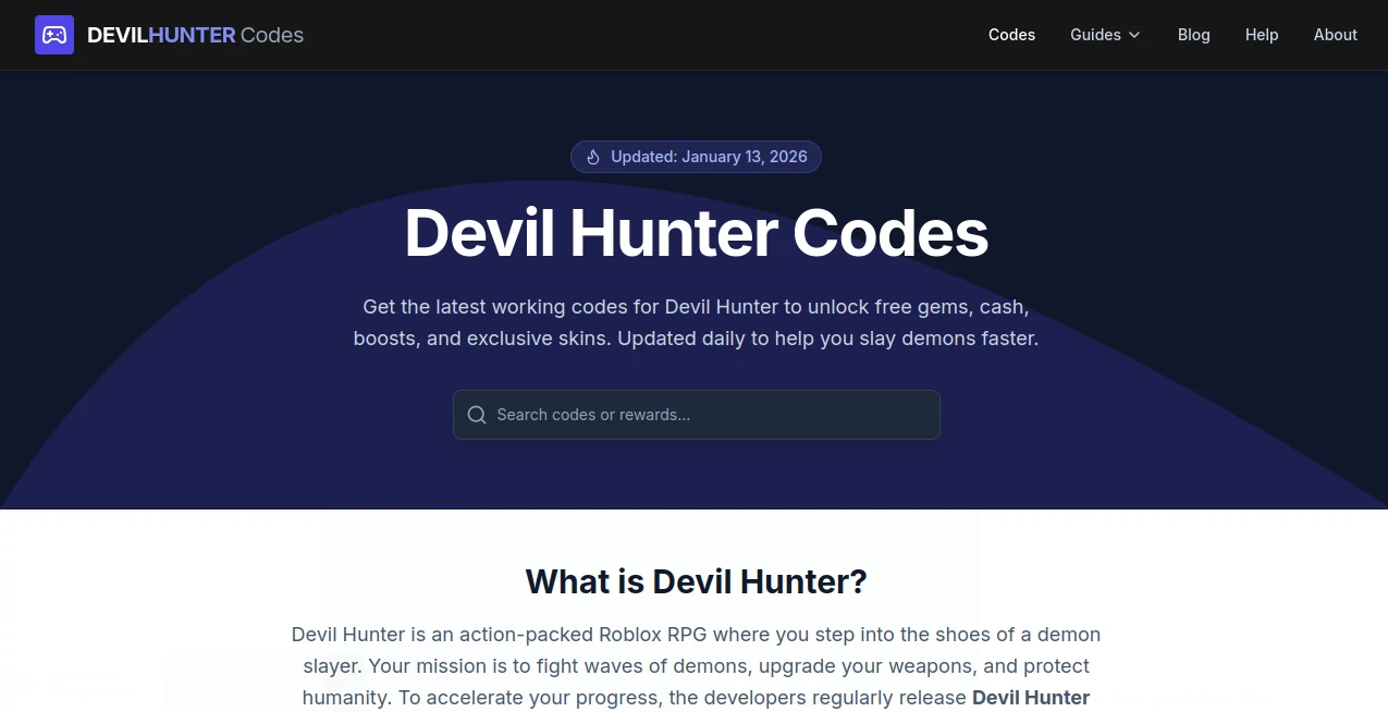 Screenshot of Devil Hunter Codes – An AI tool in the ,Other  category, showcasing its interface and key features.