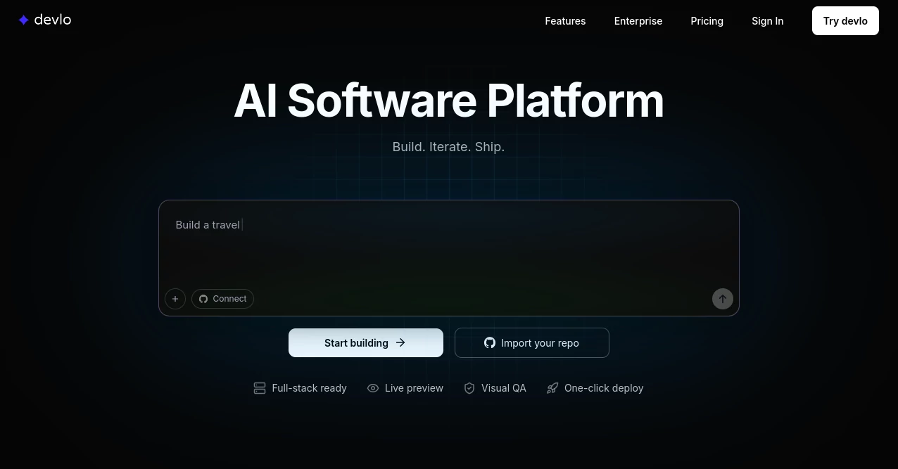 Screenshot of Devlo AI – An AI tool in the ,AI Code Assistant ,AI Code Generator ,AI Code Refactoring ,AI Developer Tools  category, showcasing its interface and key features.