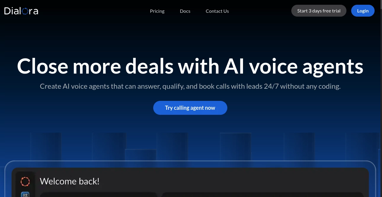 Screenshot of Dialora AI – An AI tool in the ,AI Voice Assistants ,AI Customer Service Assistant ,AI CRM Assistant ,AI Scheduling  category, showcasing its interface and key features.