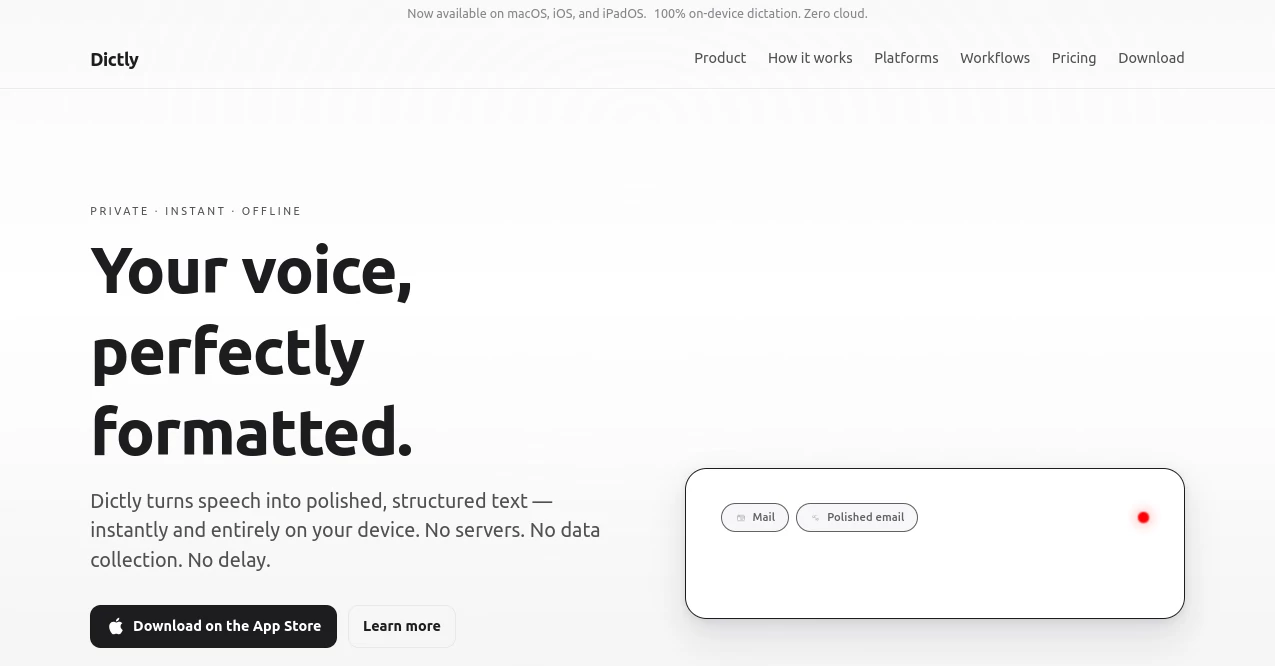 Screenshot of Dictly – An AI tool in the ,AI Transcription ,AI Writing Assistants ,AI Speech to Text ,AI Notes Assistant  category, showcasing its interface and key features.