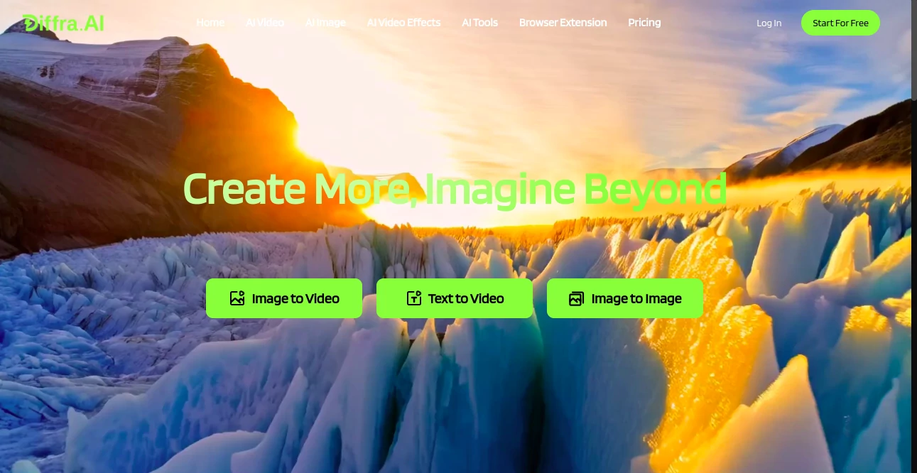 Screenshot of Diffra AI – An AI tool in the ,AI Photo & Image Generator ,AI Image to Image ,AI Image to Video ,AI Text to Video ,AI Video Generator  category, showcasing its interface and key features.