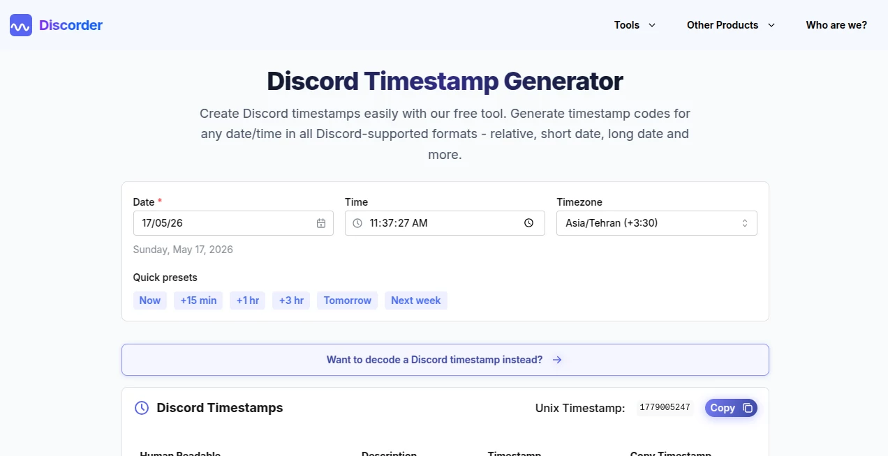 Screenshot of Discord Timestamp Generator – An AI tool in the ,AI Workflow Management ,AI Social Media Assistant ,AI Developer Tools ,AI Productivity Tools  category, showcasing its interface and key features.