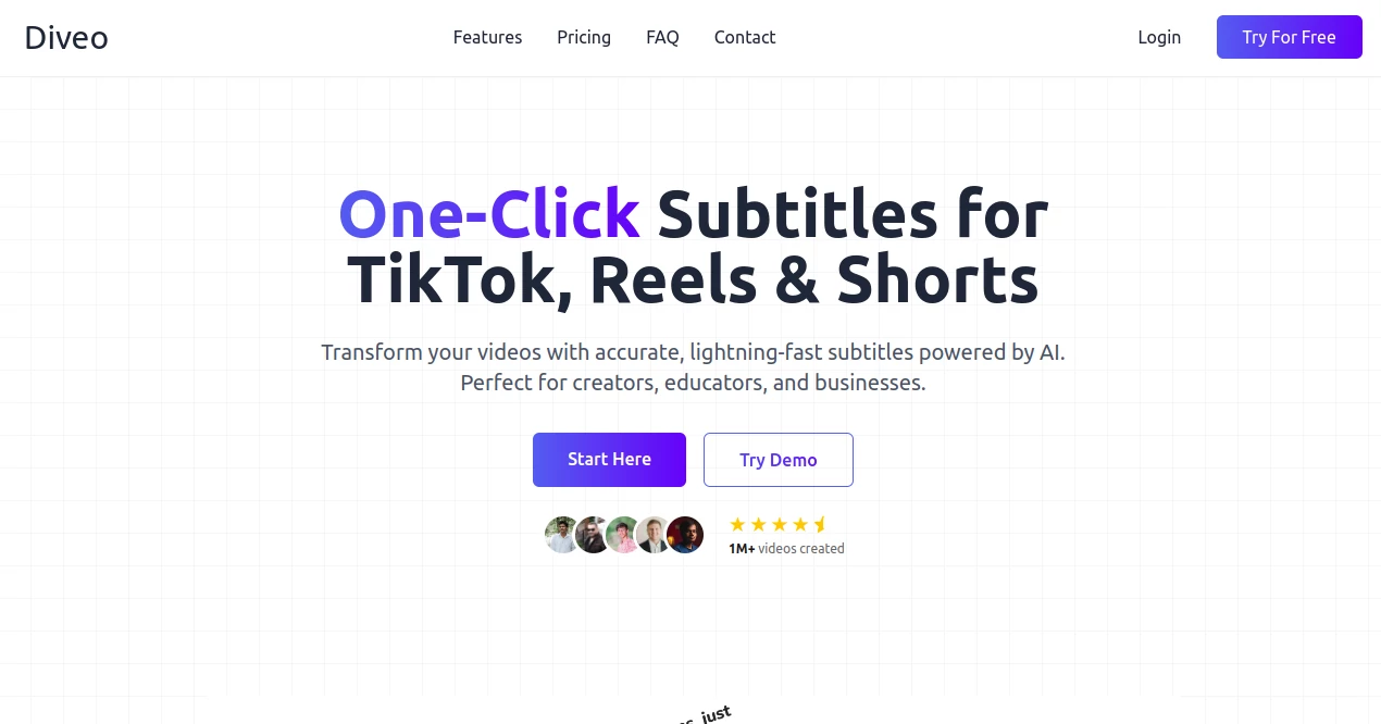 Screenshot of Diveo – An AI tool in the ,AI Captions or Subtitle ,AI Transcriber ,AI Video Editor ,AI Speech to Text  category, showcasing its interface and key features.