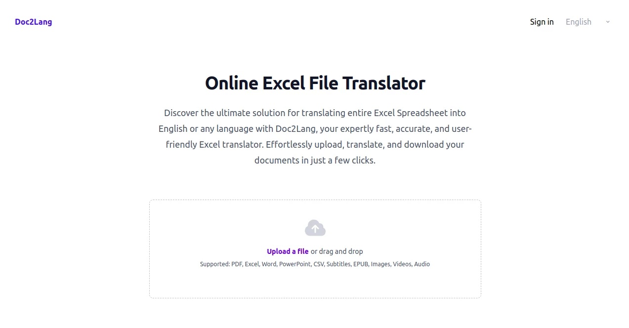 Screenshot of doc2lang - Online Excel File Translator – An AI tool in the ,AI Translate ,AI Spreadsheet ,AI Documents Assistant  category, showcasing its interface and key features.