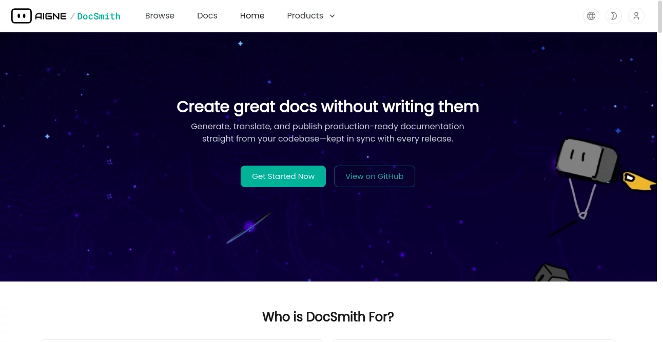 Screenshot of AIGNE DocSmith – An AI tool in the ,AI Code Assistant ,AI Code Explanation ,AI Developer Docs ,AI Document Extraction  category, showcasing its interface and key features.