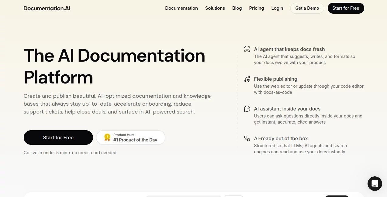 Screenshot of AI Documentation – An AI tool in the ,AI Report Writing ,AI Writing Assistants ,AI Content Generator ,AI Developer Docs  category, showcasing its interface and key features.
