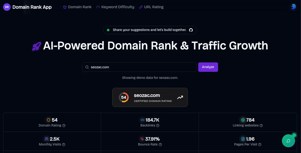 Screenshot of Domain Rank App – An AI tool in the ,AI SEO Assistant ,AI Research Tool  category, showcasing its interface and key features.