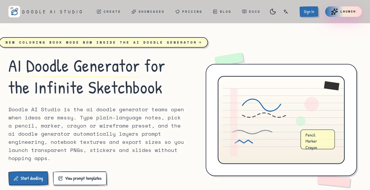 Screenshot of Doodle AI Studio – An AI tool in the ,AI Content Generator ,AI Text to Image ,AI Photo & Image Generator ,AI Art Generator  category, showcasing its interface and key features.