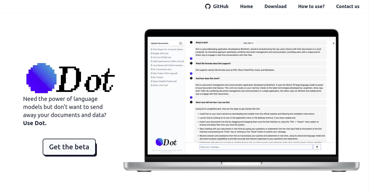 Screenshot of Dot App – An AI tool in the ,AI Code Assistant ,AI Chatbot ,AI Knowledge Base ,AI Documents Assistant  category, showcasing its interface and key features.