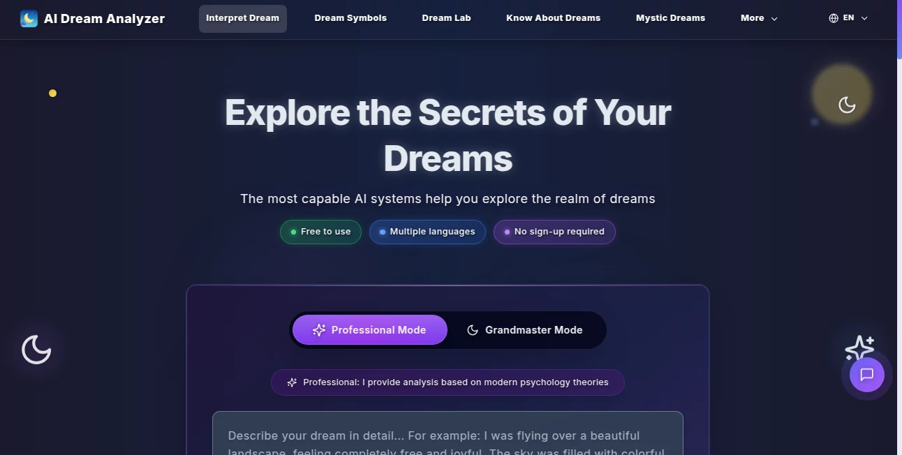 Screenshot of AI Dream Analyzer – An AI tool in the ,AI Life Assistant ,AI Fun Tools  category, showcasing its interface and key features.