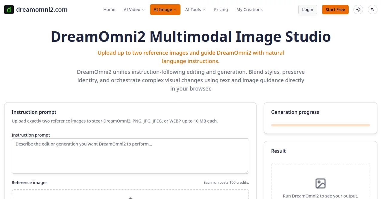 Screenshot of dreamomni2.com – An AI tool in the ,AI Text to Image ,AI Photo & Image Generator ,Photo & Image Editor ,AI Image to Image  category, showcasing its interface and key features.