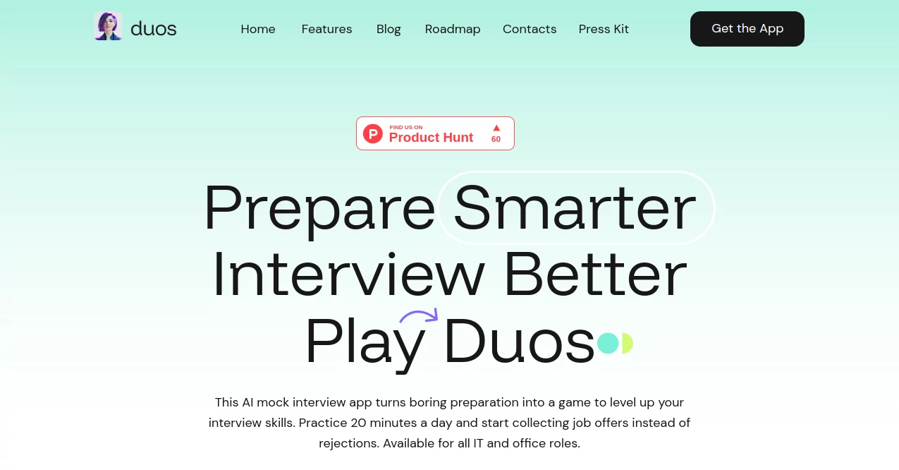 Screenshot of Duos AI – An AI tool in the ,AI Interview Assistant ,AI Homework Helper ,AI Coaching ,AI Quizzes  category, showcasing its interface and key features.