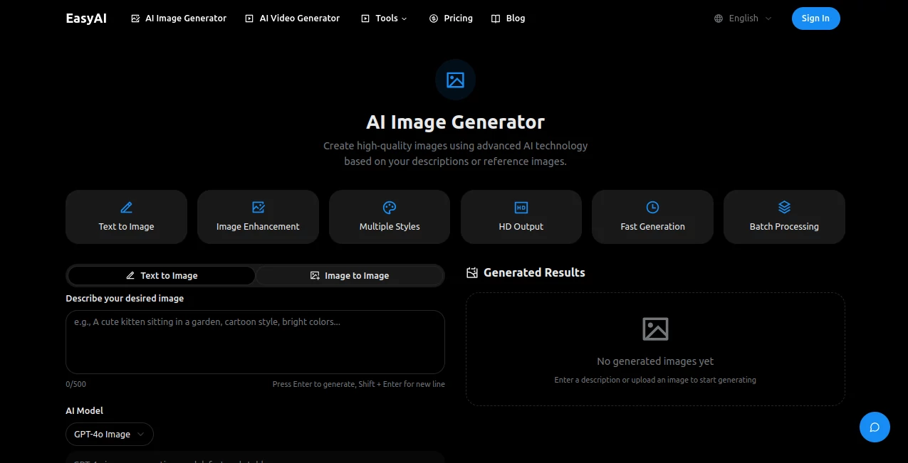 Screenshot of EasyAI - AI Image Generator – An AI tool in the ,AI Text to Image ,AI Photo & Image Generator ,AI Art Generator ,AI Design Generator  category, showcasing its interface and key features.
